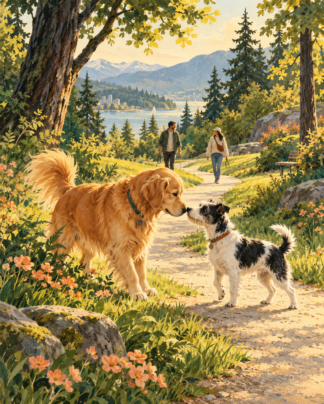 Painted scene of two dogs making friends on a sunny Canadian park trail